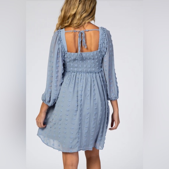 Maternity Dress, Light Blue Textured Dot Smocked Square Neck Chiffon - Picture 2 of 4